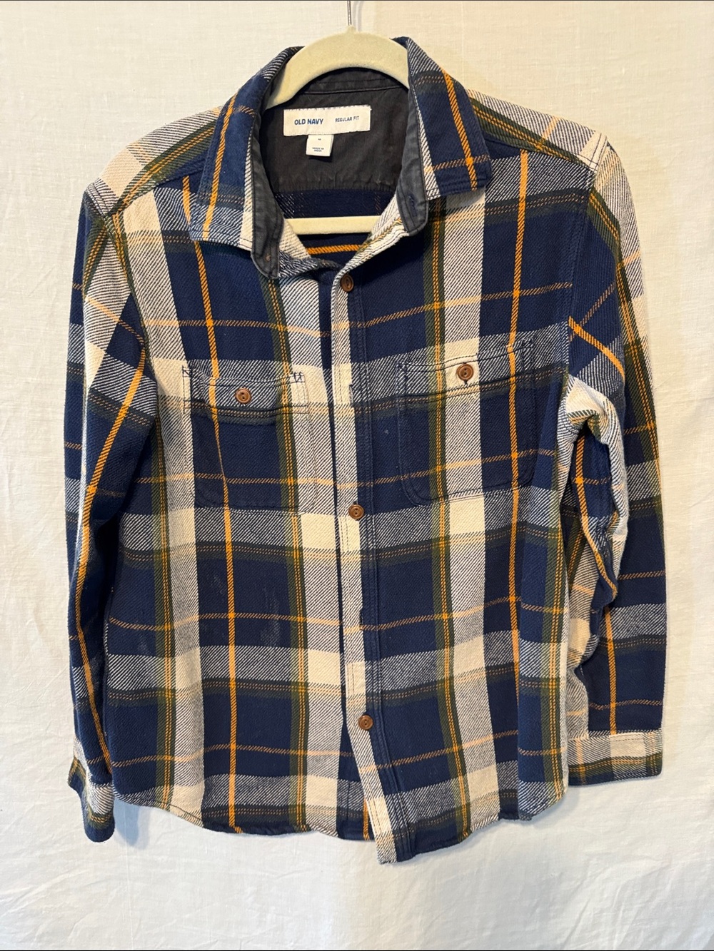 Old Navy Blue Plaid Button-Down Shirt with Mustard Accents